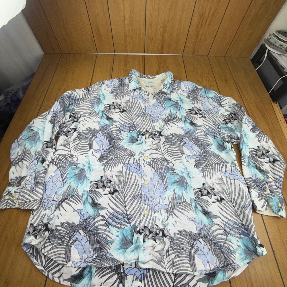 Tommy‎ Bahama Mens 3XL Linen Tropical Floral Palm Long Sleeve Button Down Shirt